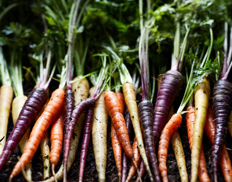 Juicy colored carrots on black background