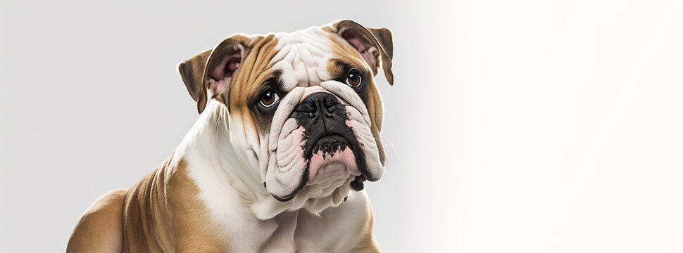 Portrait of a Bulldog on a white isolated background. The biscuit animal looks directly at the camera. Advertising photo, wide banner with plenty of free space. Copy space. Generative AI.