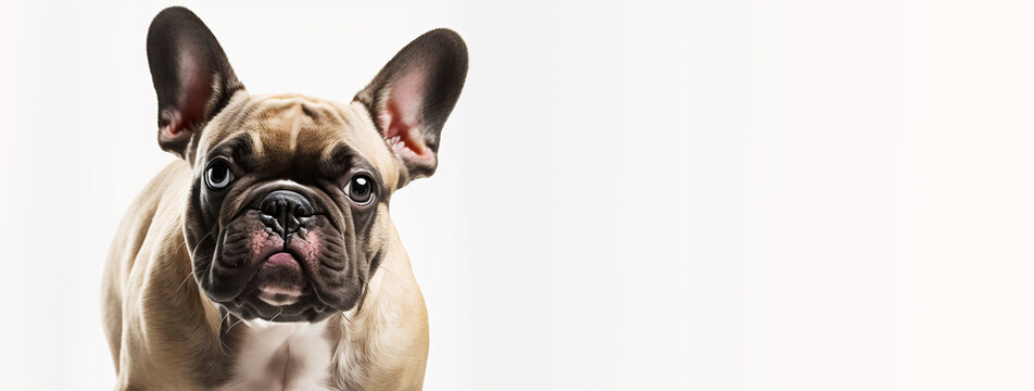 Portrait of a french bulldog on a white isolated background. The biscuit animal looks directly at the camera. Advertising photo, wide banner with plenty of free space. Copy space. Generative AI.