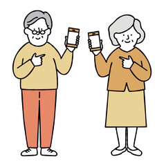 スマホを操作する男性と女性のシニアのイラストセット素材　おじいちゃん　おばあちゃん　イエロー
