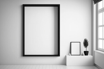 Frame Mockup. White background hanging on the wall. Empty, blank space for display your artwork or advertisement. Interior, a room decorated in a minimalist style. White and black. Generative AI.
