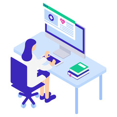 電子カルテを使う女性医師のアイソメトリックイラスト