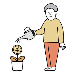 お金を育てる男性のイラスト素材　イエロー