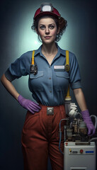 A professional plumber woman working. Gender diversification in professions. World plumbing day. Ai generated.