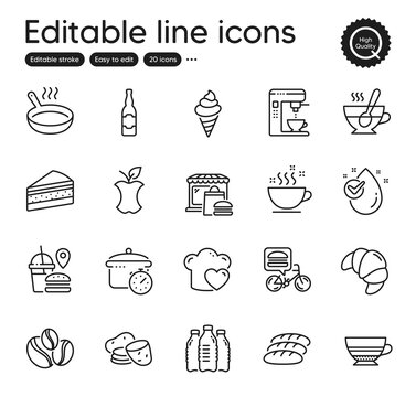 Set of Food and drink outline icons. Contains icons as Water drop, Coffee maker and Cake elements. Coffee cup, Food delivery, Food market web signs. Tea cup, Coffee-berry beans. Vector