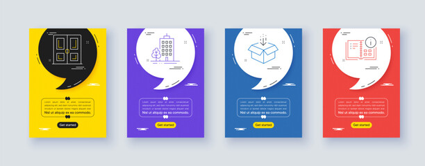 Set of Get box, Door and Skyscraper buildings line icons. Poster offer frame with quote, comma. Include Instruction info icons. For web, application. Vector - obrazy, fototapety, plakaty