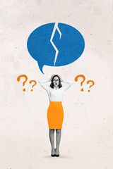 Vertical collage image of impressed black white colors girl hands touch head question mark cracked dialogue bubble isolated in creative background