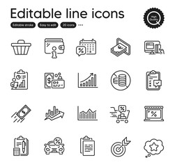 Set of Finance outline icons. Contains icons as Graph chart, Market and Online payment elements. Loyalty star, Card, Growth chart web signs. Wallet, Fast payment, No cash elements. Vector