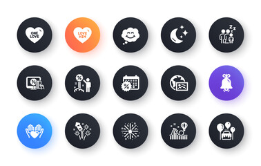 Minimal set of Online shopping, Calendar discounts and Sleep flat icons for web development. One love, Smile, Web photo icons. Fireworks rocket, Discount, Love him web elements. Bell. Vector