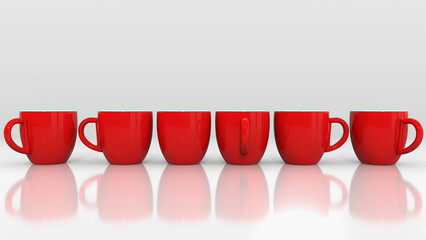 High detailed render of red cups isolated on white background . Red coffee mugs placed horizontally on white background with reflections and shadows. Copy space available - Powered by Adobe
