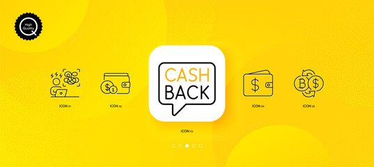 Fototapeta na wymiar Money transfer, Difficult stress and Dollar wallet minimal line icons. Yellow abstract background. Buying accessory, Bitcoin exchange icons. For web, application, printing. Vector