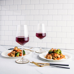 Dinner with wine Paper plates Food 