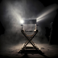 The director's chair stands in a beam of light with an backlight. Free chair. Concept of selection and casting. Shadow and light. - obrazy, fototapety, plakaty