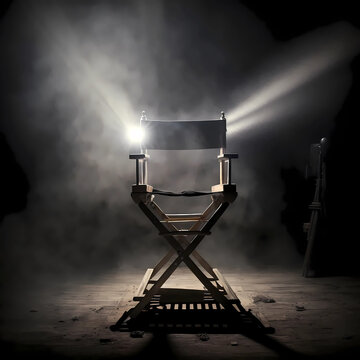 The director's chair stands in a beam of light with an backlight. Free chair. Concept of selection and casting. Shadow and light.