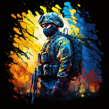 
Ukrainian soldier against the background of ruins and fire on a yellow-blue background of freedom, courage and independence