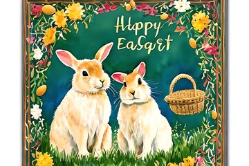 a watercolor painting of two rabbits and a basket with eggs in it and the words. happy easter written in gold lettering on a white background with floral border and leaves and eggs in. Generative AI