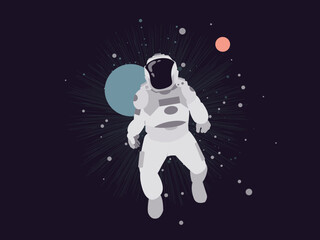 Astronaut in abstract space design with planet and stars behind