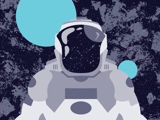 Astronaut front view in space, design with planet and glowing stars behind