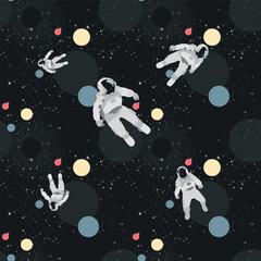 Astronauts floating in abstract space seamless pattern with planet and stars behind