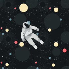 Astronaut floating in abstract space seamless pattern with planet and stars behind