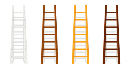 Wooden ladder set. Wood cartoon stepladders collection stand near wall with shadow. White, light, brown, dark brown colors. Vector illustration © Gurt