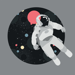 Astronaut floating in abstract space with planet and stars behind