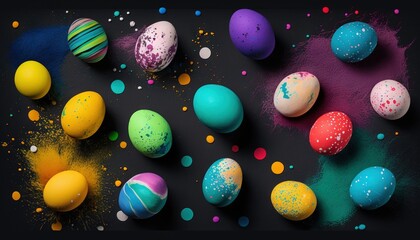 Fototapeta na wymiar a group of colorfully painted eggs on a black surface. generative ai