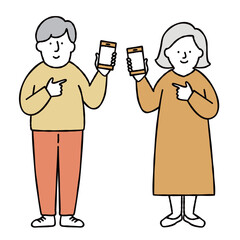 スマホを操作する男性と女性のイラストセット素材　　イエロー