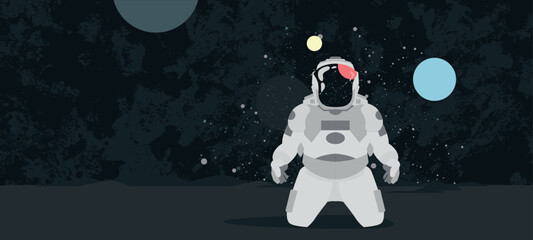Astronaut in abstract space, banner design with planet and stars behind