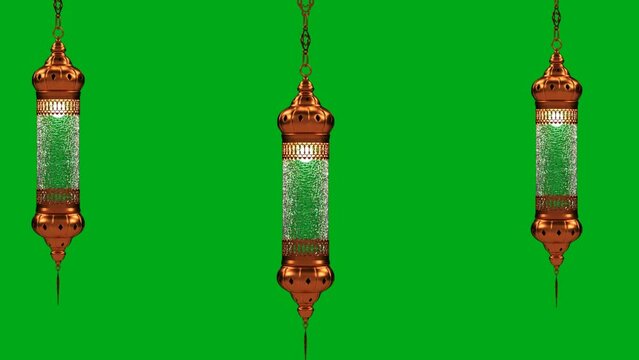 Eid Lantern or Kandela 3d model rotating isolated on green screen, eid mubarak full moon and eid or Ramadan Kareem background, eid mubarak background with moon and lantern