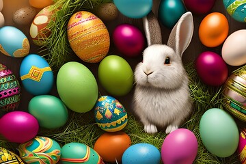 Fototapeta na wymiar easter bunny and easter eggs. Art Illustration. Generative AI