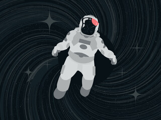 Astronaut floating in abstract space design with curved geometric lines behind