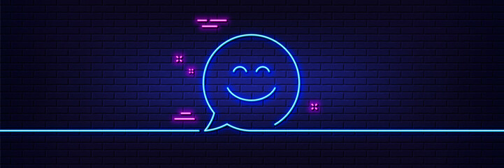 Neon light glow effect. Smile chat line icon. Happy emoticon sign. Speech bubble symbol. 3d line neon glow icon. Brick wall banner. Smile chat outline. Vector