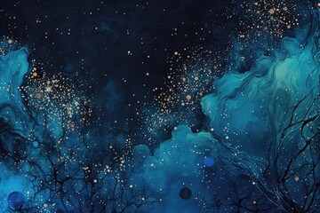Dark blue print pattern, wallpaper, watercolor texture, glitter, galaxy. Generative AI.