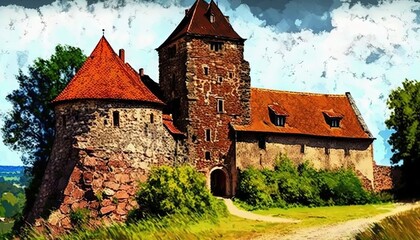 a painting of a castle with a dirt path leading to it.  generative ai