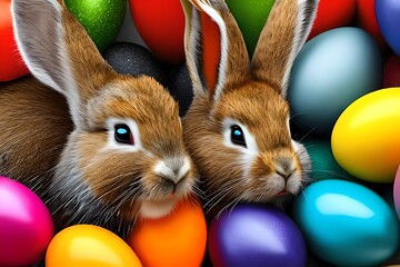 Happy Easter bunny with many colorful Easter eggs. Generative AI