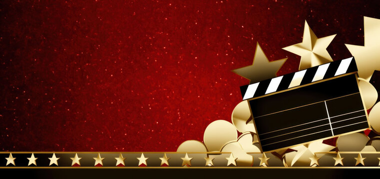 a movie clapper surrounded by stars on a red background. Oscars ceremony wallpaper Generative AI