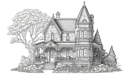 a cute coloring book for children that is still black and white, but waiting for colors and then it will become a wonderful colorful house