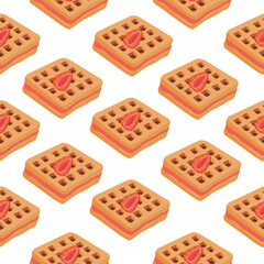 Seamless pattern. Waffles with strawberry filling. Vector illustration of waffles, pastries for breakfast, sweet snacks