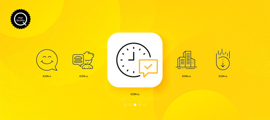Fototapeta na wymiar Chef, Scroll down and Select alarm minimal line icons. Yellow abstract background. Buildings, Smile face icons. For web, application, printing. Burger, Swipe screen, Time symbol. Vector