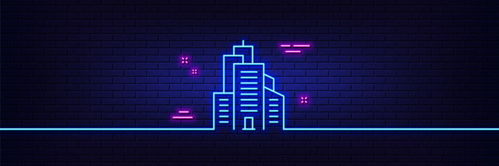 Neon light glow effect. Skyscraper buildings line icon. City architecture sign. Town symbol. 3d line neon glow icon. Brick wall banner. Skyscraper buildings outline. Vector