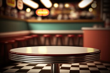 Empty Table in an American 50's Diner Backdrop with Blurred Restaurant Background (Created with Generative AI)