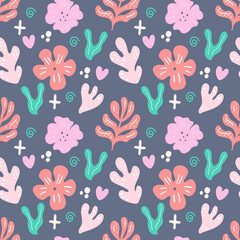 Seamless abstract pattern with hand drawn leaves, flowers. Spring, summer blossom background. Perfect for fabric design, wallpaper, appare. Vector graphic