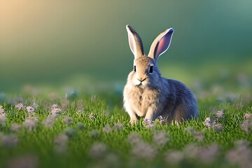 tiny cute rabbit in a spring meadow. Generative AI