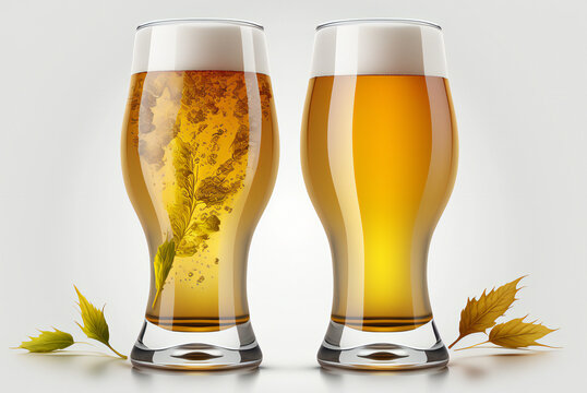 two glasses of beer on a white background,ai generated