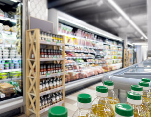 Abstract blurred supermarket.  choosing a dairy products at supermarket.