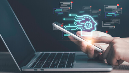 Chatbot Artificial Intelligence  conversation. Man using technology smart AI robot get support by enter command prompt for generates, Futuristic Digital transformation, Virtual assistant on internet.