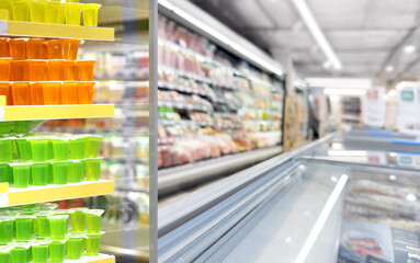 Abstract blurred supermarket.  choosing a dairy products at supermarket.