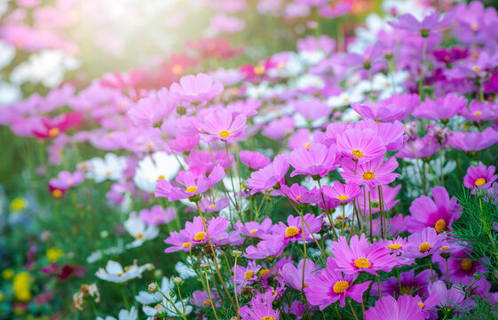 Pink cosmos flower and mix color cosmos flower in garden,