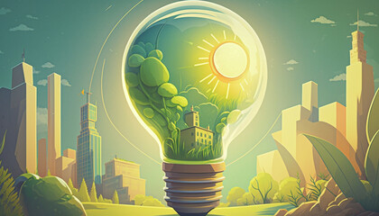Fototapeta na wymiar light bulb with a smart city inside. Concept of green energy saving, smart city concept, renewable and recycling. Ecology behavior for global warming. AI
